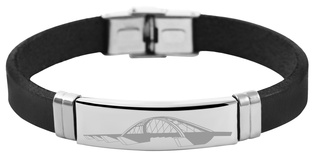 Hochwertiges Armband aus Echtleder mit Edelstahl Gravurschnalle und einer Gravur der Fehmarnsundbrücke. 